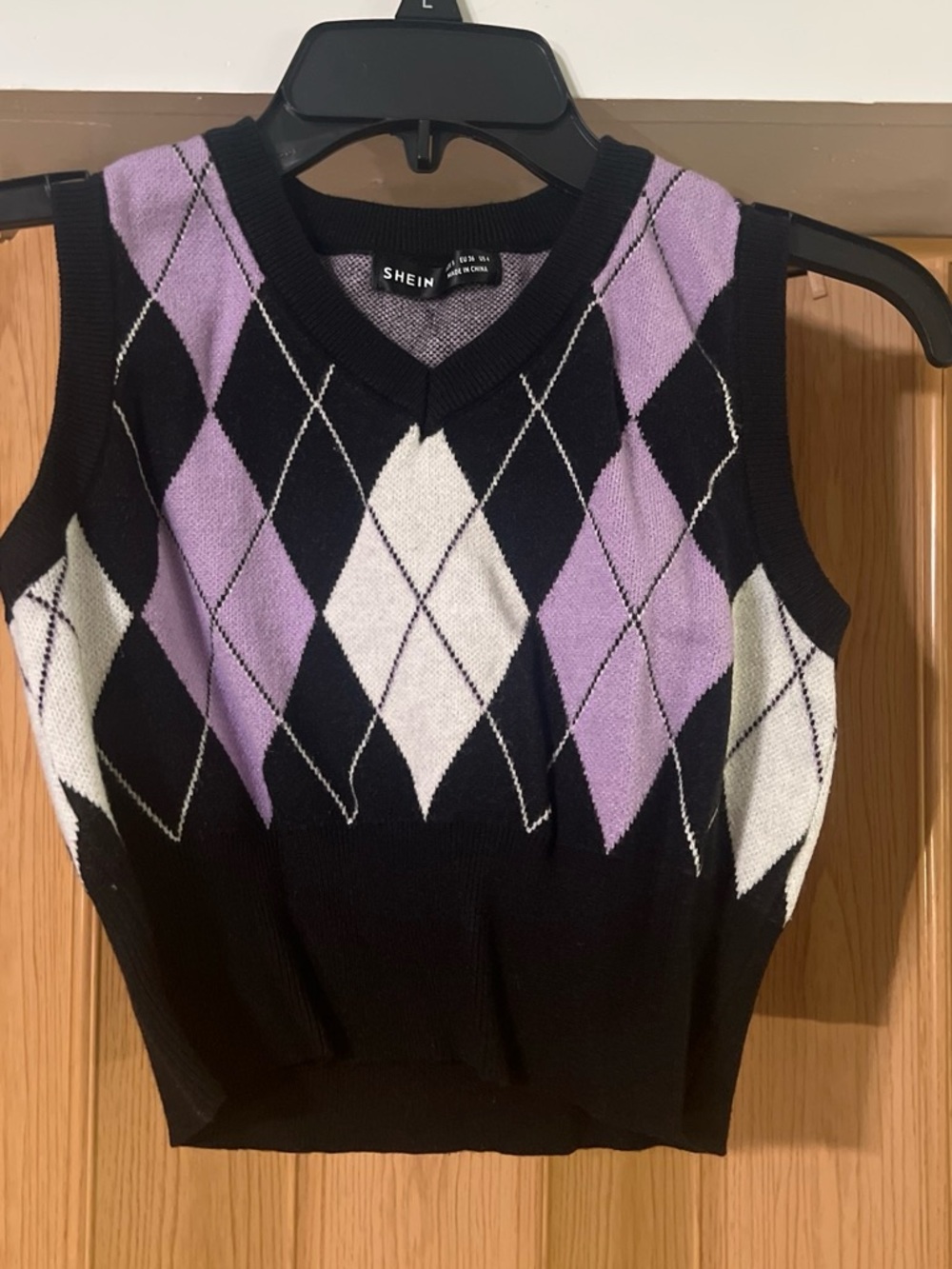 SHEIN Black Argyle Knit Vest with Lavender and White Diamonds